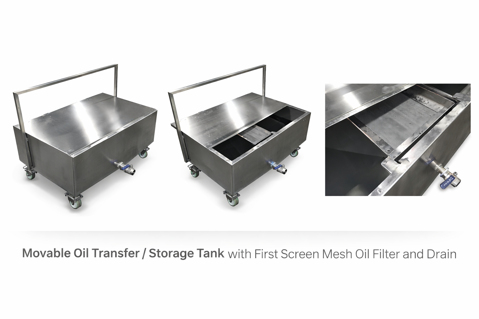 Movable oil transfer and storage tank with mesh oil filter and drain