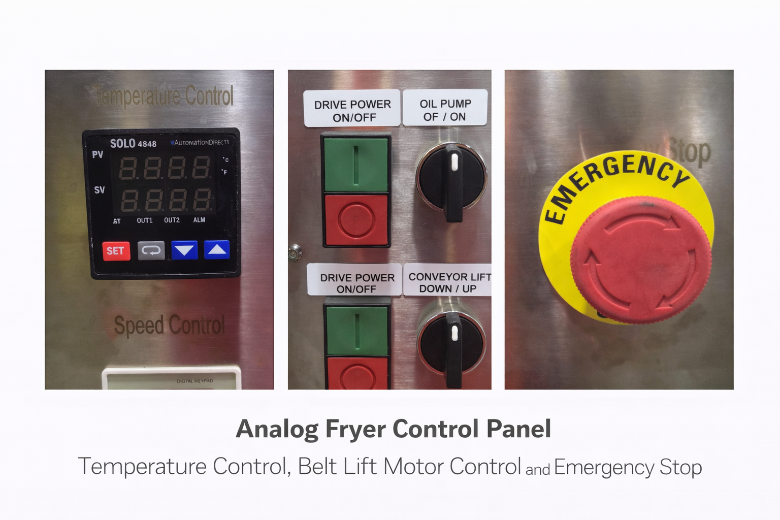 Analog fryer control panel with temperature control and emergency stop