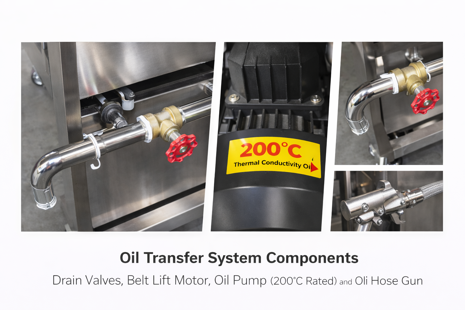 Fryer oil transfer system components with drain valves oil pump and hose gun