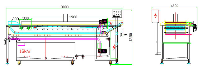 Two propeller fryer drawing with top and bottom mesh belts for floating products